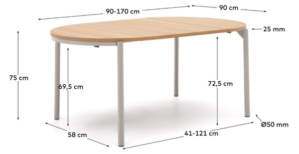Dubový rozkládací jídelní stůl Kave Home Montuiri 90-170 x 90 cm s šedou podnoží