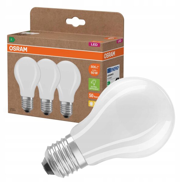 3x LED žárovka E27 3,8W = 60W 806lm 2700K FILAMENT 213lm/W Třída A OSRAM