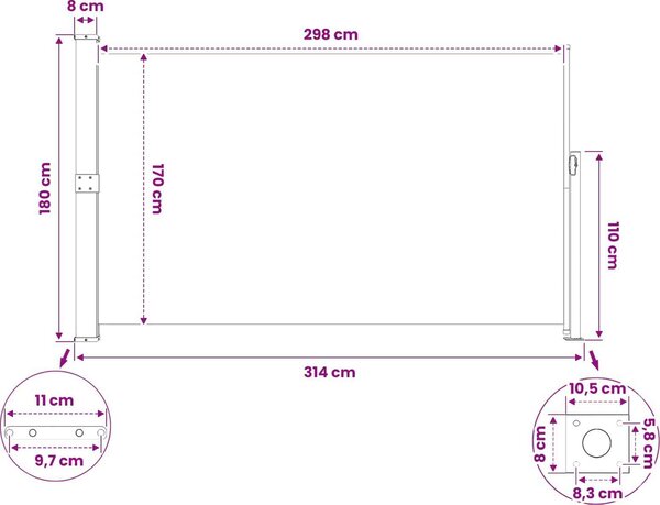 VidaXL Výsuvná boční markýza Obdélníkový Polyester [313404] Barva: Šedá, Velikost: 200 x 300 cm
