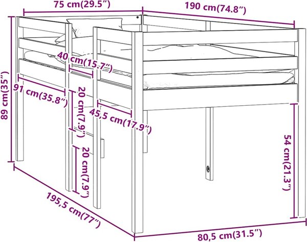 VidaXL Patrová postel masivní borové dřevo [821621] Barva: Bílá, Velikost: 90 x 190 cm
