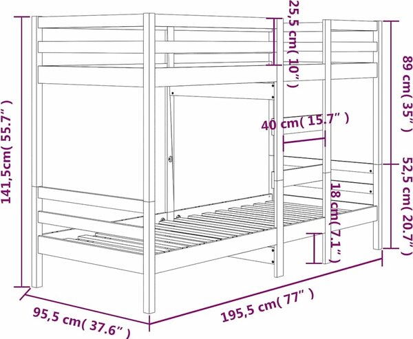VidaXL Patrová postel masivní borové dřevo [3139842] Barva: Přírodní, Velikost: 90 x 200 cm (rám 205,5 x 95,5 x 141,5 cm)