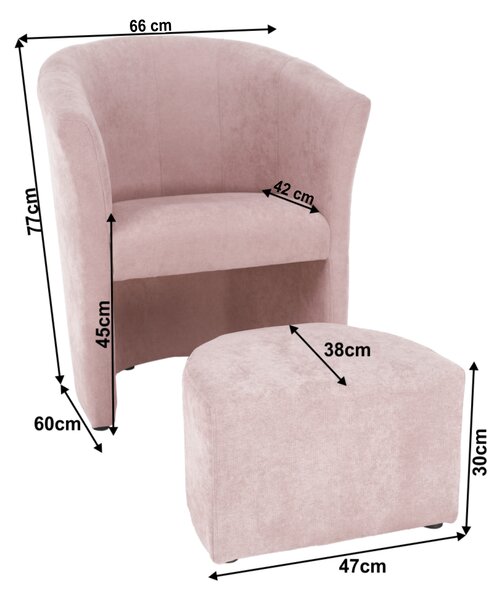 KONDELA Klubové křeslo s taburetem, pudrová růžová, ROSE