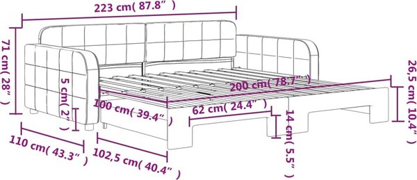 VidaXL Válenda s přistýlkou samet, výška noh 5 cm [3196940] Barva: světle šedá, Velikost: 90 x 190 cm