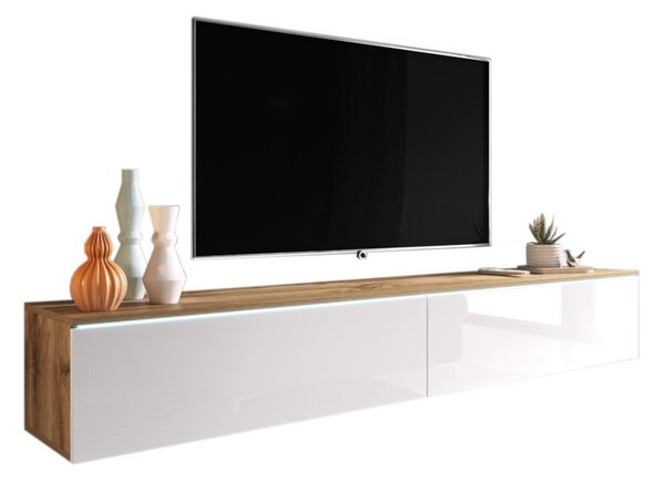 TV stolek MENDES D 180, 180x30x32, dub wotan/bílá lesk + LED