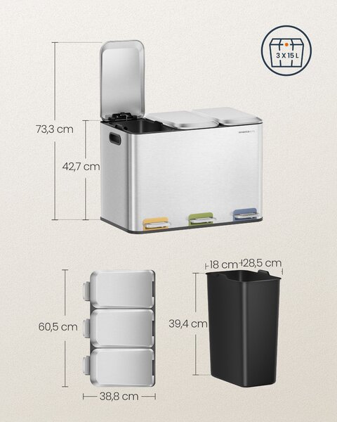 SONGMICS Odpadkový koš Bliss 3x15 l stříbrný