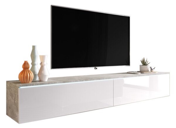 TV stolek MENDES D 180, 180x30x32, beton/bílá lesk + LED