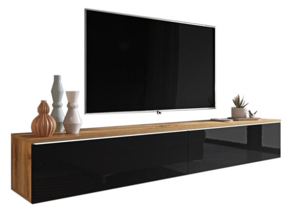 TV stolek MENDES D 180, 180x30x32, dub wotan/černá lesk + LED