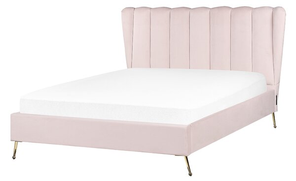 Sametová postel s USB portem 140 x 200 cm světle růžová MIRIBEL