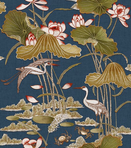 Luxusní modrá vliesová tapeta s lekníny a ptáky, TP422705, Tapestry, Design ID