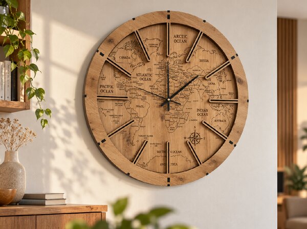 "Mapa světa" Hodiny svítidlo s powerbankou 70 cm dub světlý