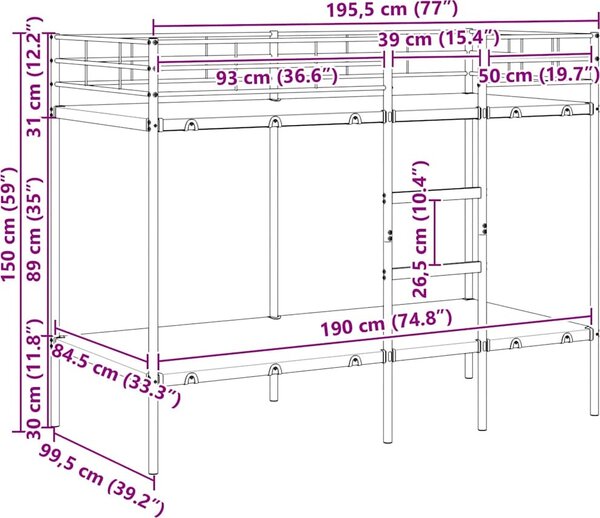 VidaXL Patrová postel bez matrace ocel [42000323] Barva: Bílá, Velikost: 80 x 200 cm (rám 207 x 79,5 x 150 cm)