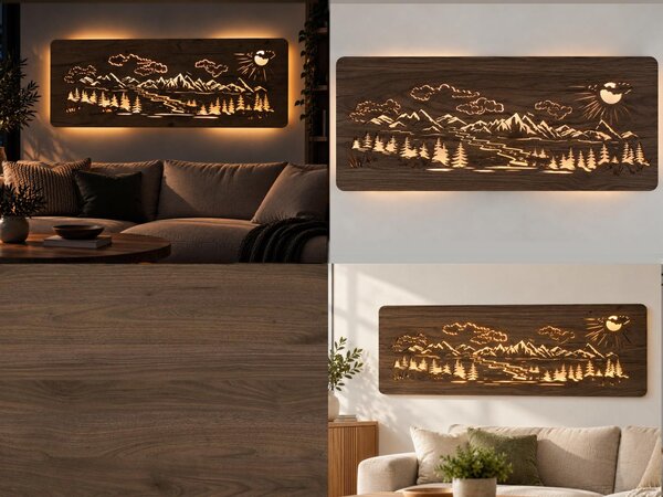"Hory, les" světelný obraz 230V 120x40 cm provedení povrchu: dub světlý