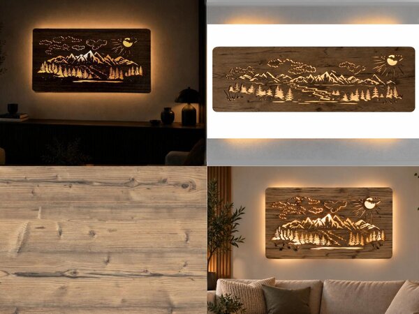 "Hory, les" světelný obraz 230V 120x40 cm provedení povrchu: dub světlý