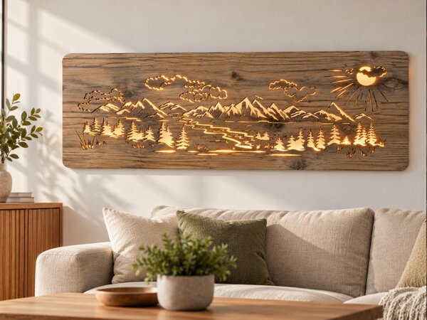 "Hory, les" světelný obraz 230V 120x40 cm provedení povrchu: dub světlý