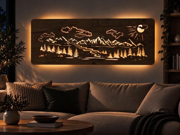 "Hory, les" světelný obraz 230V 120x40 cm provedení povrchu: dub světlý