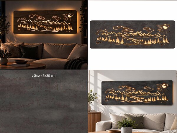 "Hory, les" světelný obraz 230V 120x40 cm provedení povrchu: dub světlý