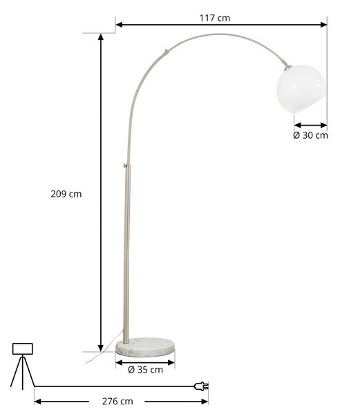 Lindby Obloukové svítidlo Alverton, bílá/nikl, sklo, 197 cm, Bílá / opál, Obývací pokoj / jídelna, kov, Moderní