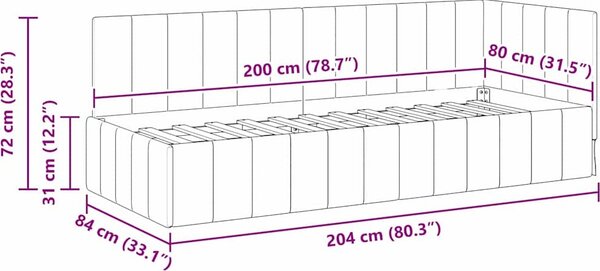 VidaXL Rohový rám postele Samet, matrace zahrnuta ne [42016295] Barva: Tyrkysová, Velikost: 90 x 200 cm (rám 204 x 94 x 72 cm)