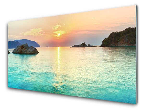 Obraz na skle Slunce Skály Moře Krajina 125x50 cm