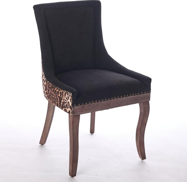 Sada dvou jídelních židlí A&A Furniture, potažené zpevněnou látkou, s dřevěnými nohami, bronzovými hřebíčky a leopardím vzorem