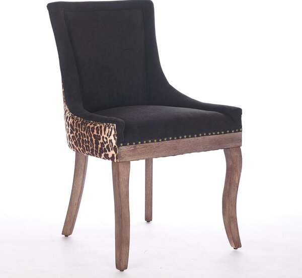Sada dvou jídelních židlí A&A Furniture, potažené zpevněnou látkou, s dřevěnými nohami, bronzovými hřebíčky a leopardím vzorem