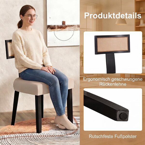 KOMFOTTEU jídelní židle, dřevěná, ratanová kuchyňská židle, jídelní židle s opěradlem, polstrování a dřevěné nohy. Ergonomické dřevěné židle, vhodné do jídelny, obývacího pokoje a kuchyně, s nosností až 180 kg