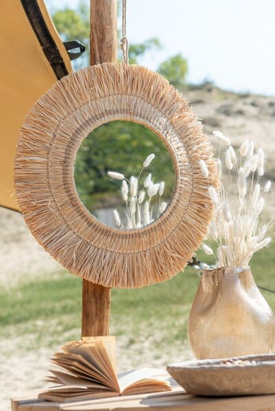 Nástěnné kulaté zrcadlo v rámu z přírodní trávy Raffia natural - 61*2,5*61 cm - J-Line by Jolipa