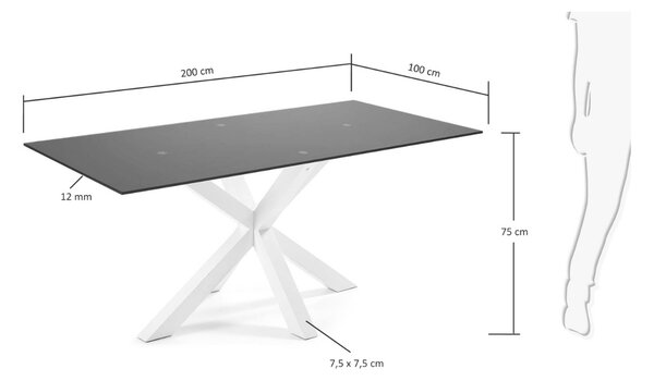 Matně černý skleněný jídelní stůl Kave Home Argo II. 200 x 100 cm s bílou kovovou podnoží