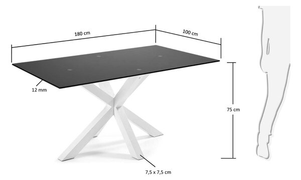 Matně černý skleněný jídelní stůl Kave Home Argo 180 x 100 cm s bílou kovovou podnoží