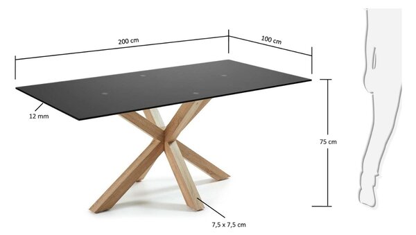 Matně černý skleněný jídelní stůl Kave Home Argo II. 200 x 100 cm s přírodní kovovou podnoží
