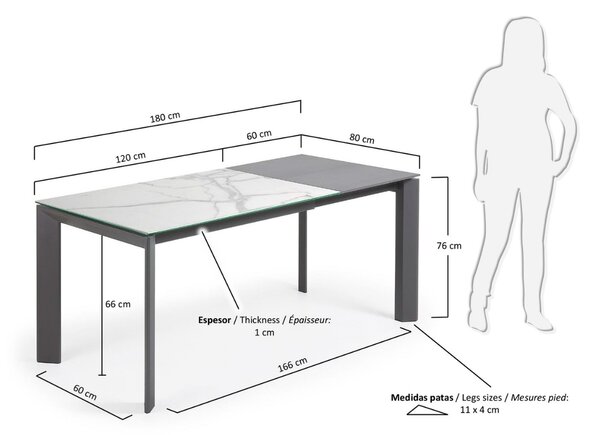 Bílý porcelánový rozkládací jídelní stůl Kave Home Axis II. 120/180 x 80 cm s tmavou podnoží