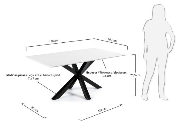 Bílý jídelní stůl Kave Home Argo 180 x 100 cm s černou kovovou podnoží