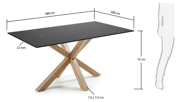 Matně černý skleněný jídelní stůl Kave Home Argo 180 x 100 cm s přírodní kovovou podnoží