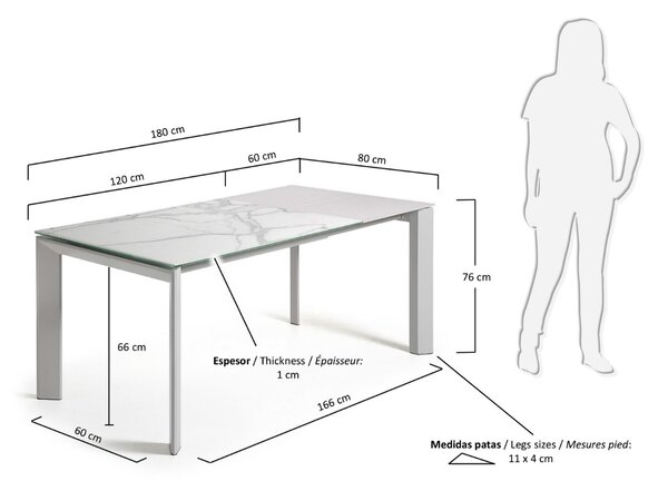 Bílý porcelánový rozkládací jídelní stůl Kave Home Axis 120/180 x 80 cm s šedou podnoží