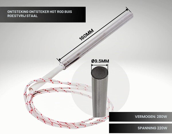 Topný odpor pro peletové kamna, průměr 9,5 mm, délka 160 mm, 280 W