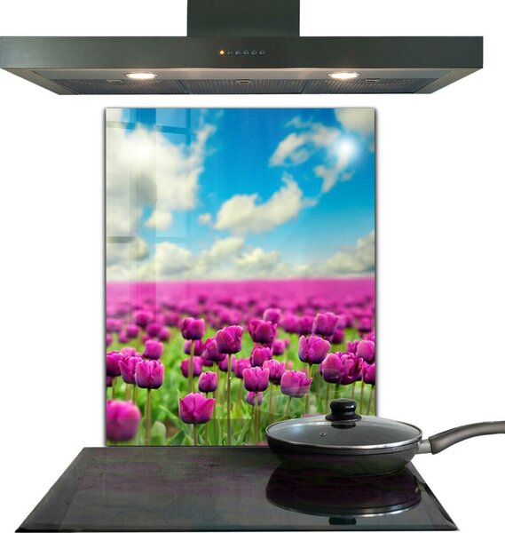 Skleněný panel Pole růžové tulipány louka