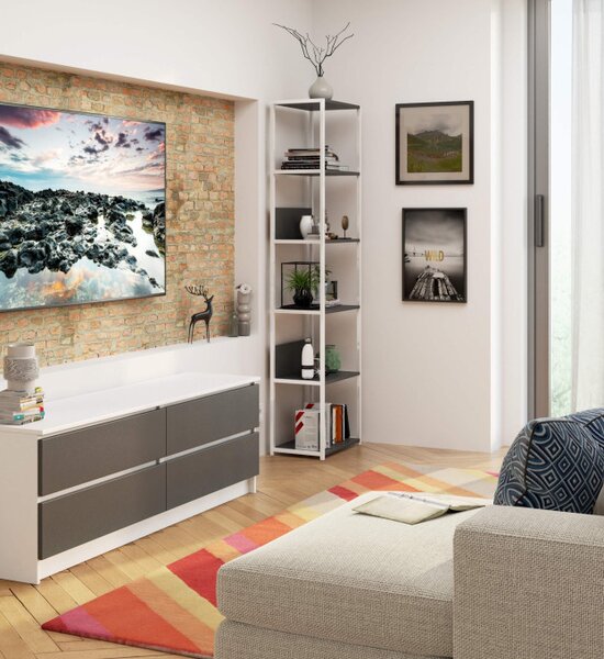 Kovový regál 50 cm, 6 polic, bílý / šedý