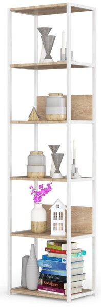 Kovový regál 50 cm, 6 polic, bílý / dub sonoma