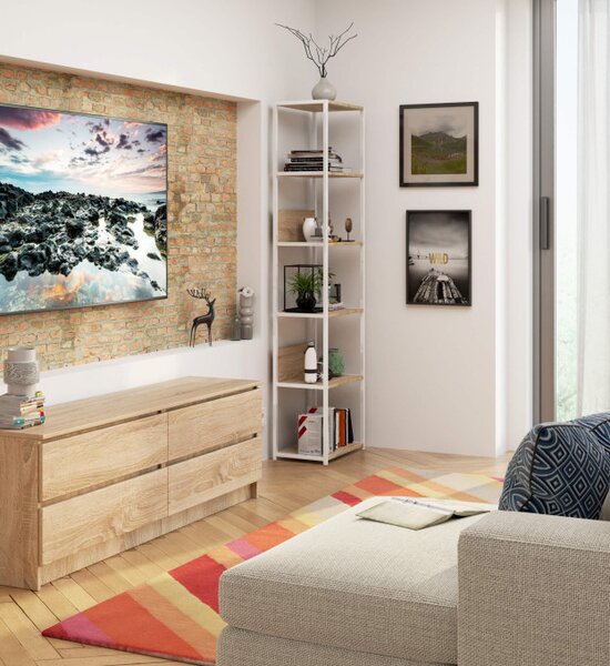 Kovový regál 50 cm, 6 polic, bílý / dub sonoma