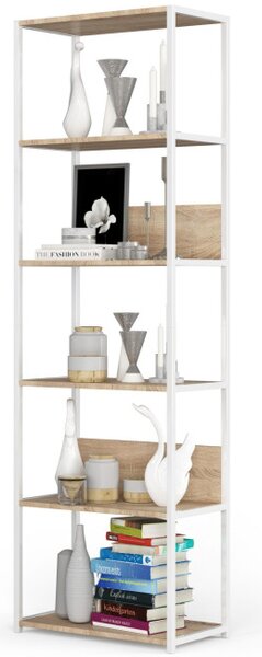 Kovový regál 60 cm, 6 polic, bílý / dub sonoma