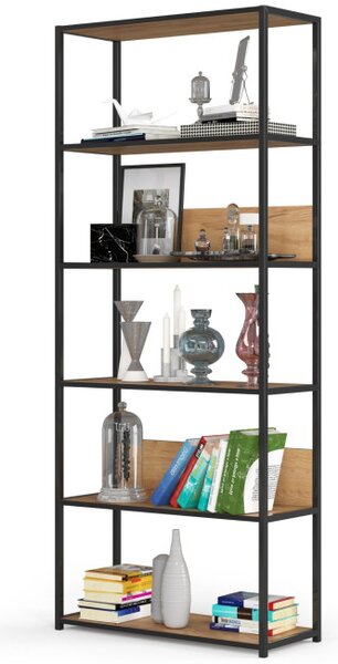 Kovový regál 80 cm, 6 polic, černý / dub craft