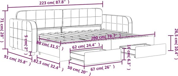 VidaXL Válenda s přistýlkou a zásuvkami samet, s přistýlkou a zásuvkou [3196975] Barva: Růžová, Velikost: 90 x 200 cm