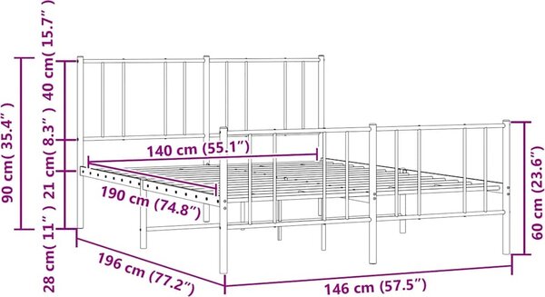VidaXL Kovový rám postele s hlavovým a nožním čelem, světlá výška pod postelí 26 cm [352547] Barva: Bílá, Velikost: 80 x 200 cm (rám 207 x 85 x 90 cm)