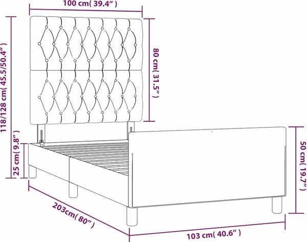 VidaXL Rám postele bez matrací samet, prošívaný design [3125924] Barva: Tmavě šedá, Velikost: 90 x 190 cm (rám 193 x 93 x 118/128 cm)