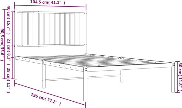 VidaXL Kovový rám postele s čelem, světlá výška pod postelí 26 cm [350858] Barva: Černá, Velikost: 90 x 200 cm (rám 207 x 95 x 90,5 cm)