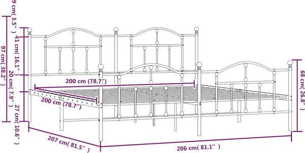 VidaXL Kovový rám postele s hlavovým a nožním čelem, světlá výška pod postelí 27 cm [353513] Barva: Černá, Velikost: 90 x 200 cm (rám 207 x 95 x 97 cm)