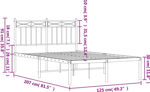 VidaXL Kovový rám postele s čelem, světlá výška pod postelí 26 cm [373738] Barva: Černá, Velikost: 80 x 200 cm (rám 207 x 85 x 91 cm)