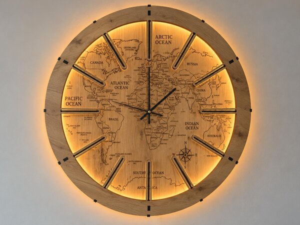 "Mapa světa" světelné hodiny 230V 70 cm/dub světlý