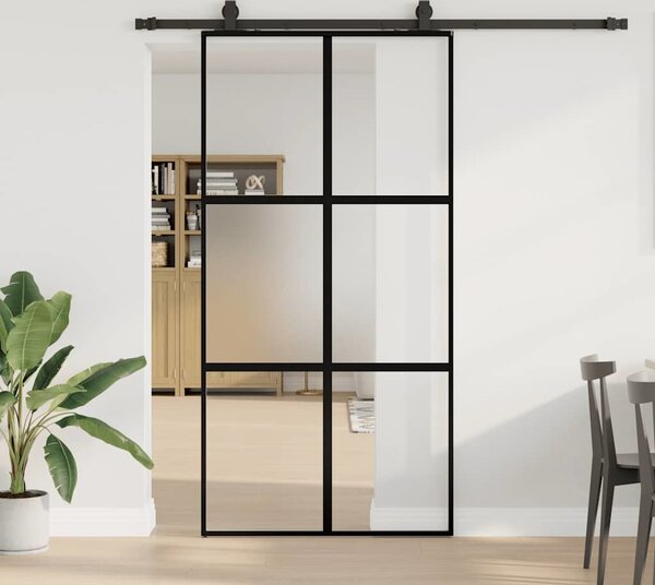 VidaXL Posuvné dveře se sadou kování černé Tvrzené sklo, mřížky 2 x 4 [3375824] Barva: Černá a matná, Velikost: 90 x 205 cm (200 cm sliding rail)