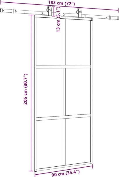 VidaXL Posuvné dveře se sadou kování černé Tvrzené sklo, mřížky 2 x 4 [3375824] Barva: Černá a matná, Velikost: 90 x 205 cm (200 cm sliding rail)